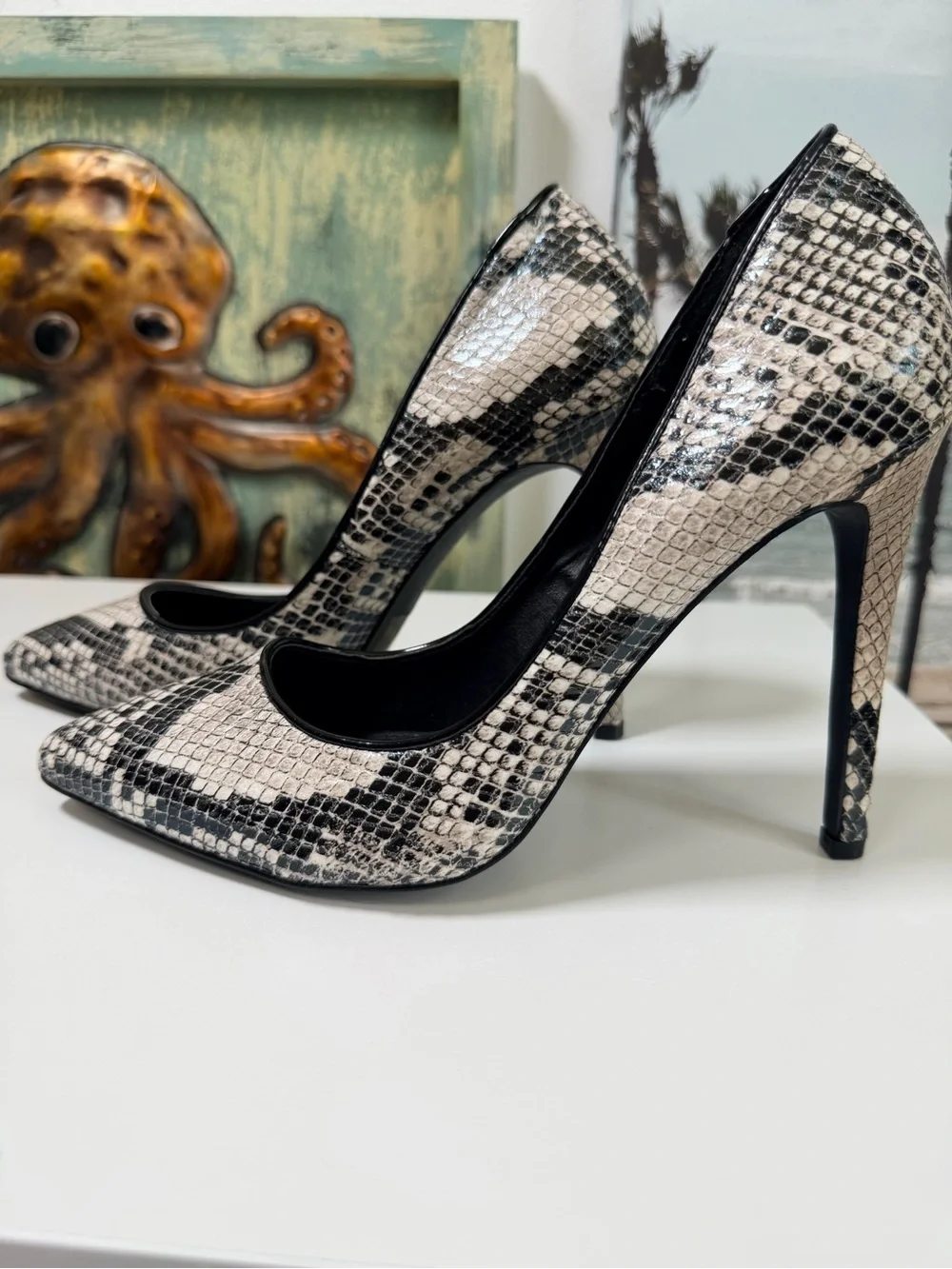 Snakeskin-Print Pointed Stiletto Pump in Black and Cream